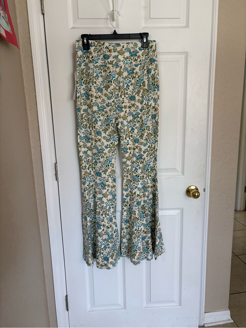 Shosho XL Ivory Blue Floral Flare Bell Bottom Pants Boho NWT